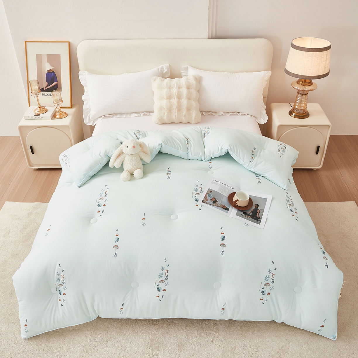 91家纺网 家纺一手货源 找家纺 尊妙被业 2025新款棉小柔大豆被被子被芯春秋被子母被直播批发夏被 春之笙-浅蓝