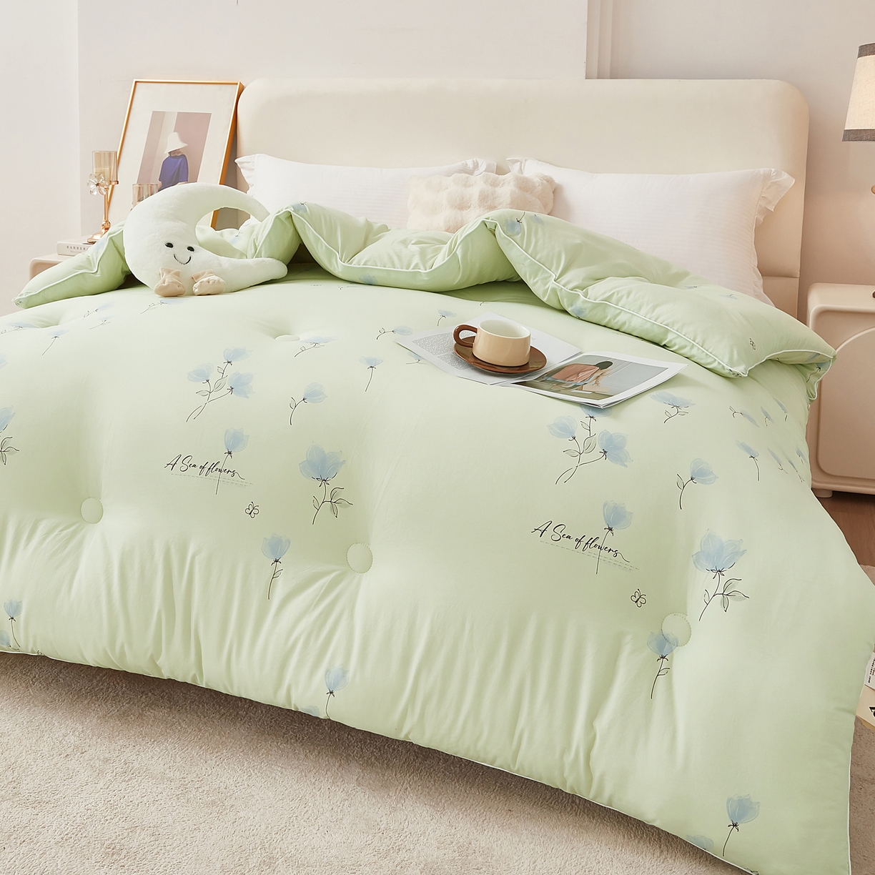 91家纺网 家纺一手货源 找家纺 尊妙被业 2025新款棉小柔大豆被被子被芯春秋被子母被直播批发夏被 虞美人-浅绿