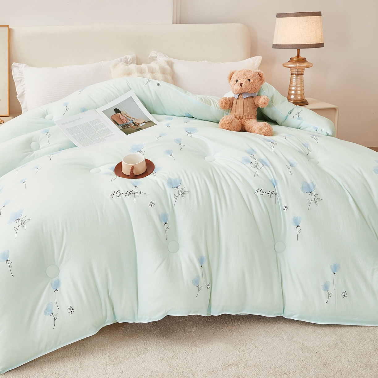 91家纺网 家纺一手货源 找家纺 尊妙被业 2025新款棉小柔大豆被被子被芯春秋被子母被直播批发夏被 虞美人-浅蓝