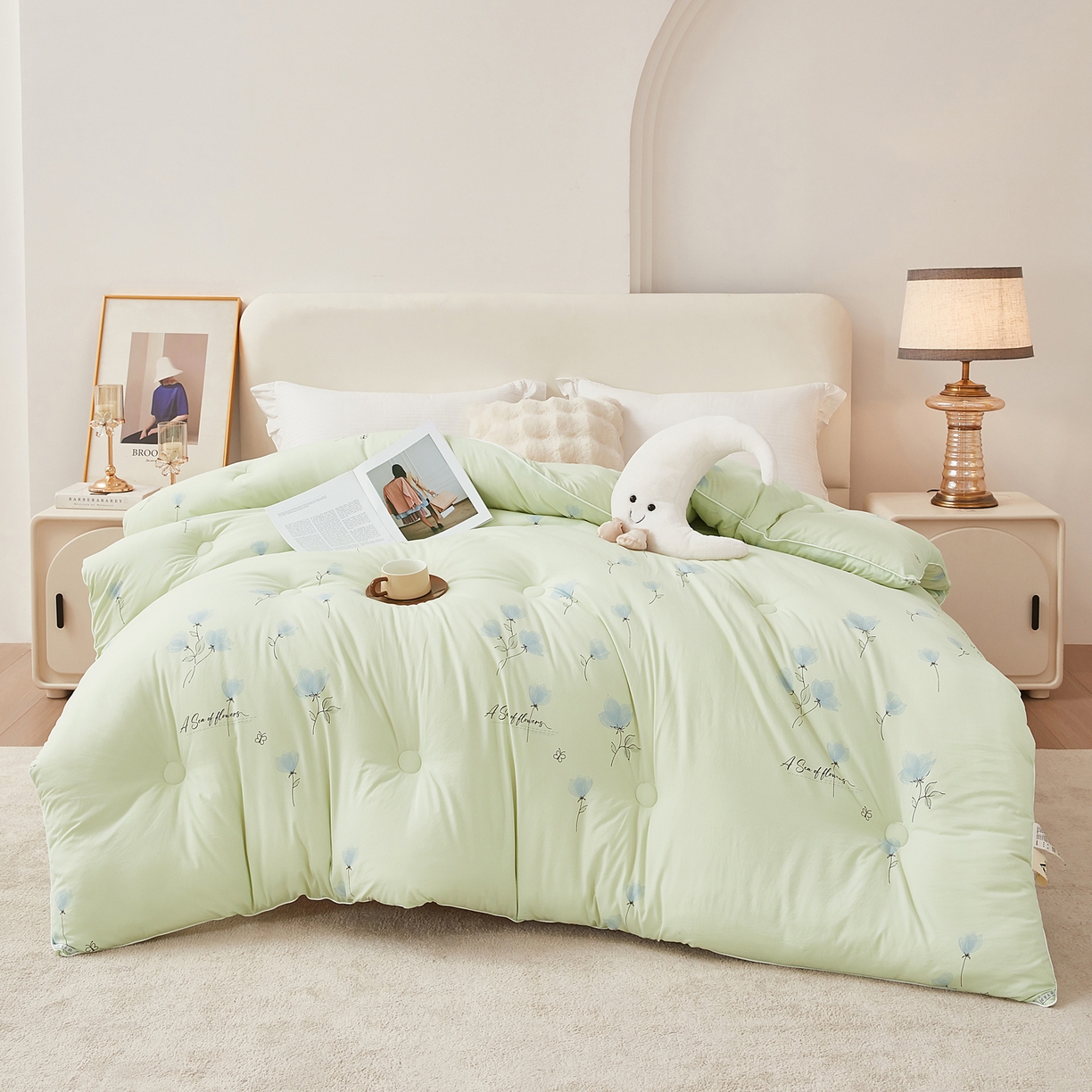 91家纺网 家纺一手货源 找家纺 尊妙被业 2025新款棉小柔大豆被被子被芯春秋被子母被直播批发夏被 虞美人-浅绿