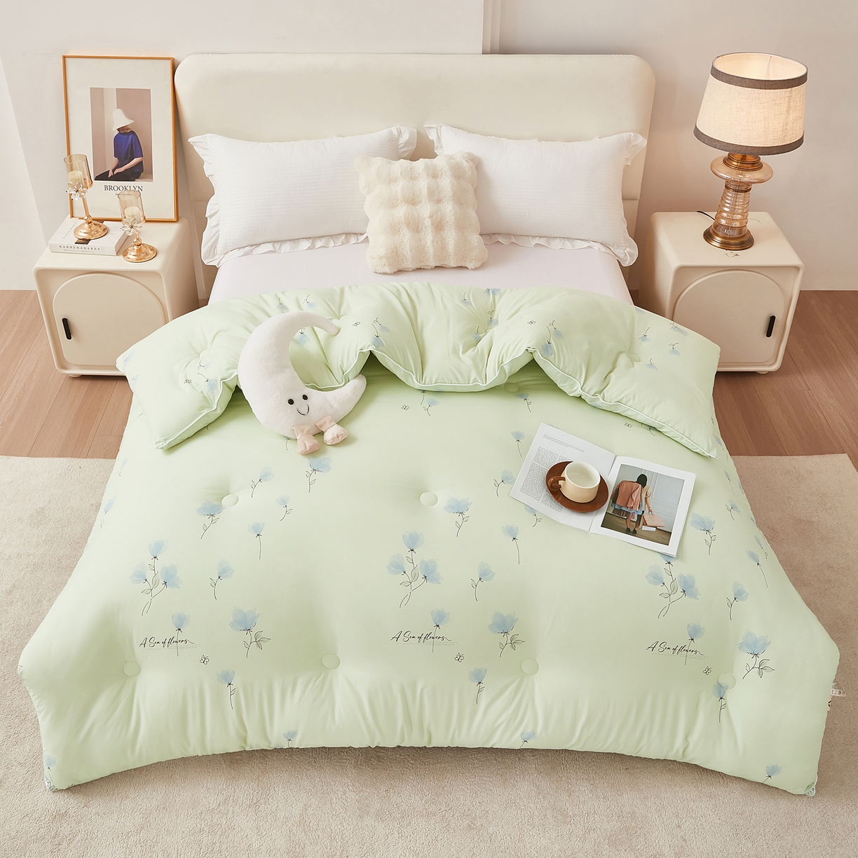 91家纺网 家纺一手货源 找家纺 尊妙被业 2025新款棉小柔大豆被被子被芯春秋被子母被直播批发夏被 虞美人-浅绿