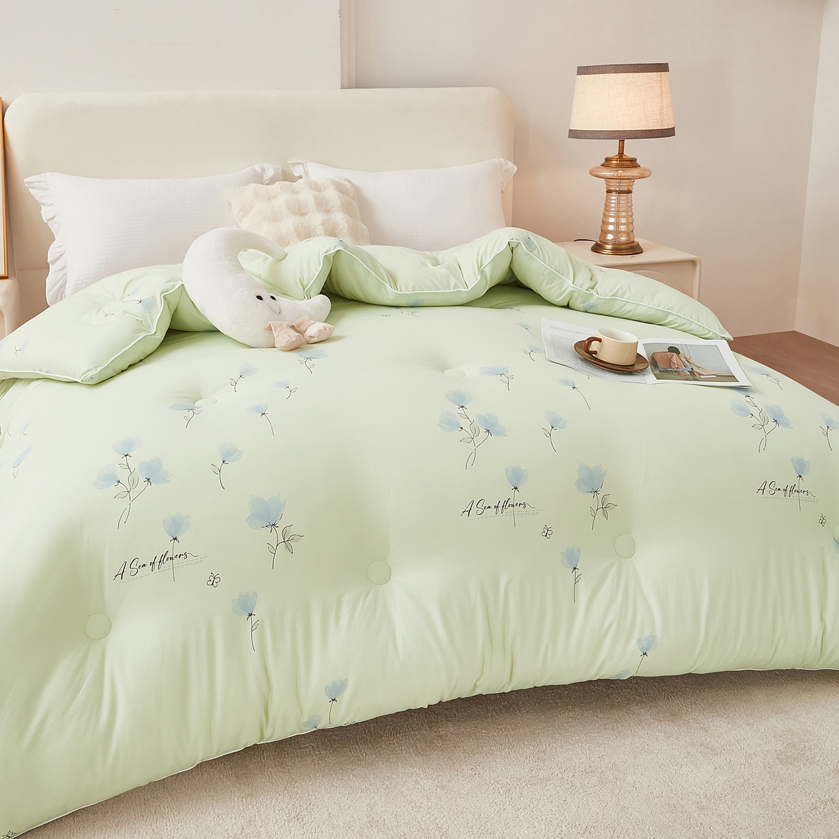 91家纺网 家纺一手货源 找家纺 尊妙被业 2025新款棉小柔大豆被被子被芯春秋被子母被直播批发夏被 虞美人-浅绿