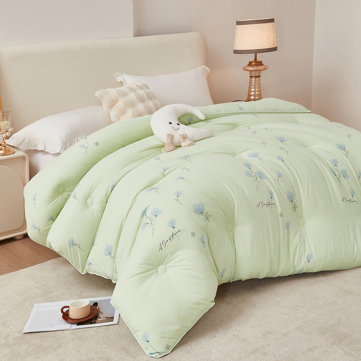 91家纺网 家纺一手货源 找家纺 尊妙被业 2025新款棉小柔大豆被被子被芯春秋被子母被直播批发夏被 虞美人-浅绿