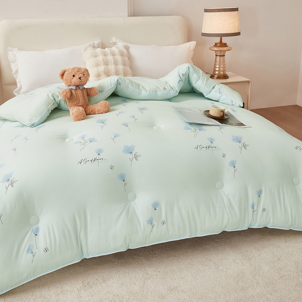 91家纺网 家纺一手货源 找家纺 尊妙被业 2025新款棉小柔大豆被被子被芯春秋被子母被直播批发夏被 虞美人-浅蓝