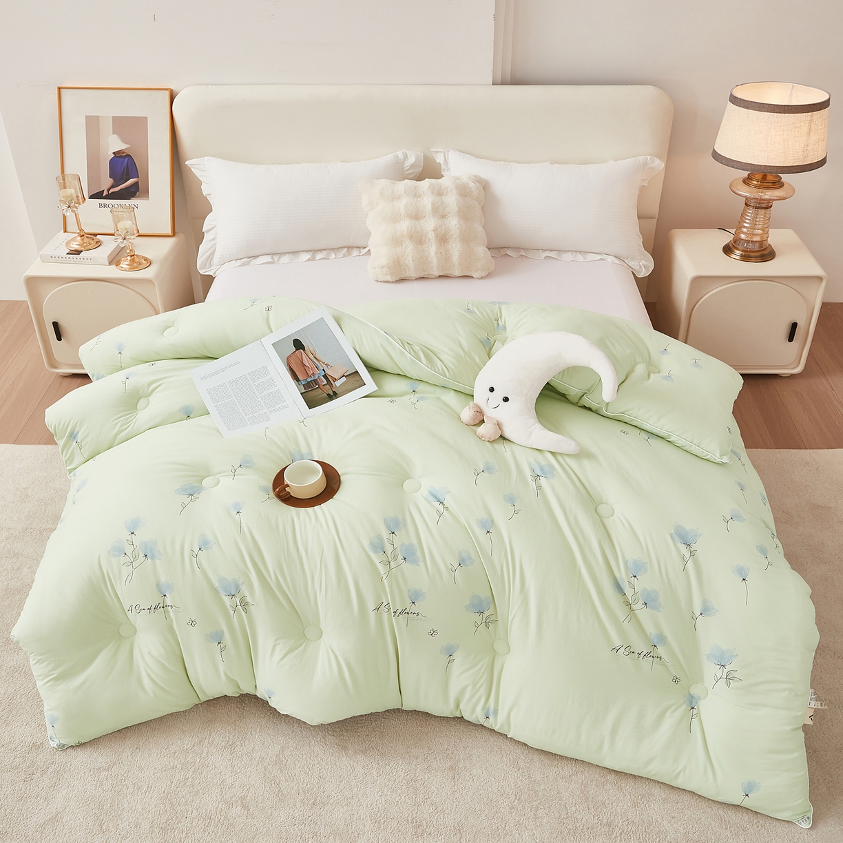 91家纺网 家纺一手货源 找家纺 尊妙被业 2025新款棉小柔大豆被被子被芯春秋被子母被直播批发夏被 虞美人-浅绿