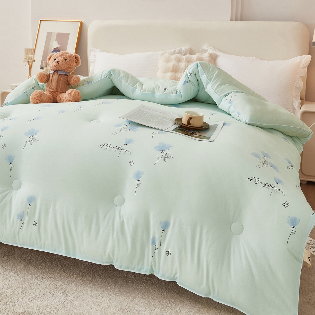 91家纺网 家纺一手货源 找家纺 尊妙被业 2025新款棉小柔大豆被被子被芯春秋被子母被直播批发夏被 虞美人-浅蓝