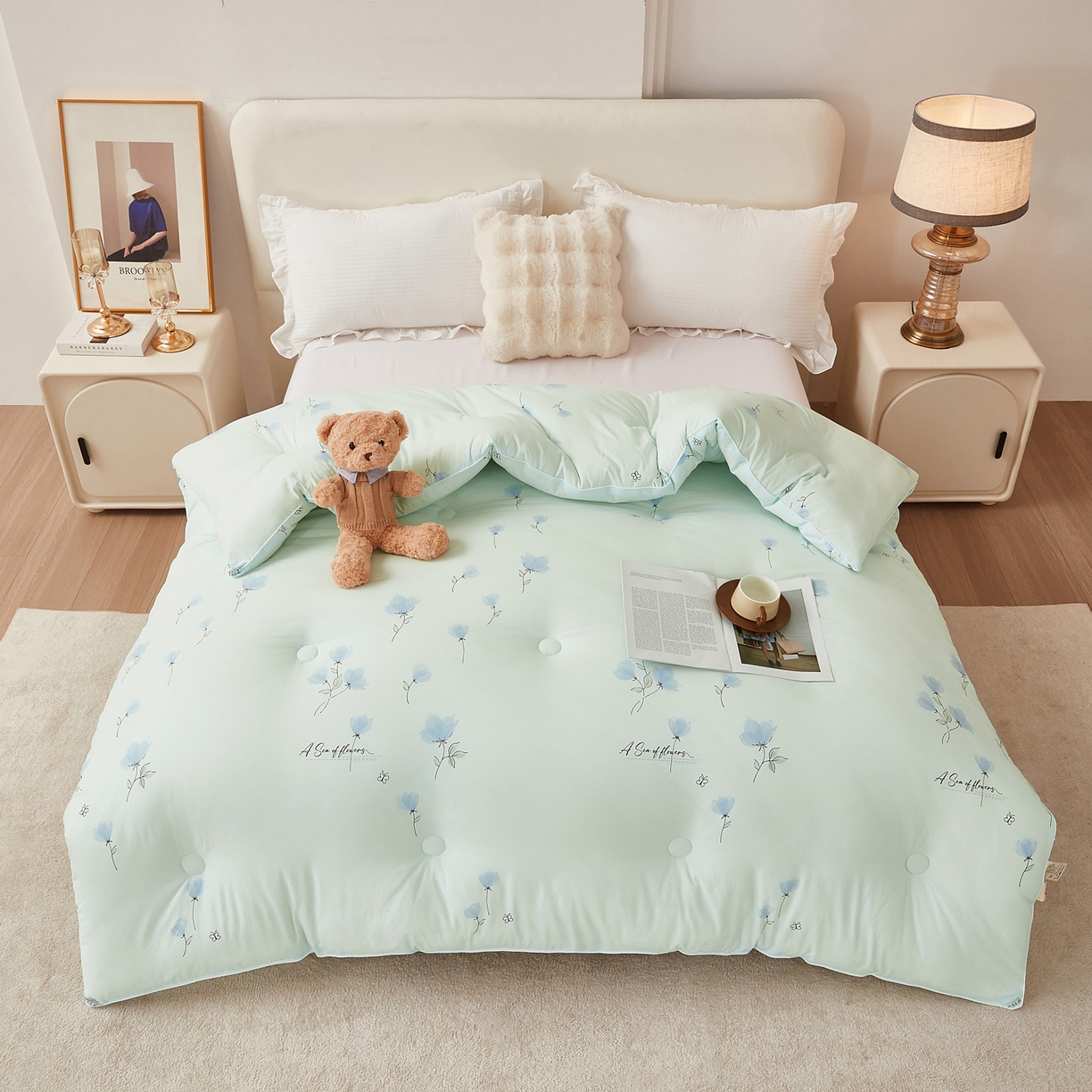 91家纺网 家纺一手货源 找家纺 尊妙被业 2025新款棉小柔大豆被被子被芯春秋被子母被直播批发夏被 虞美人-浅蓝