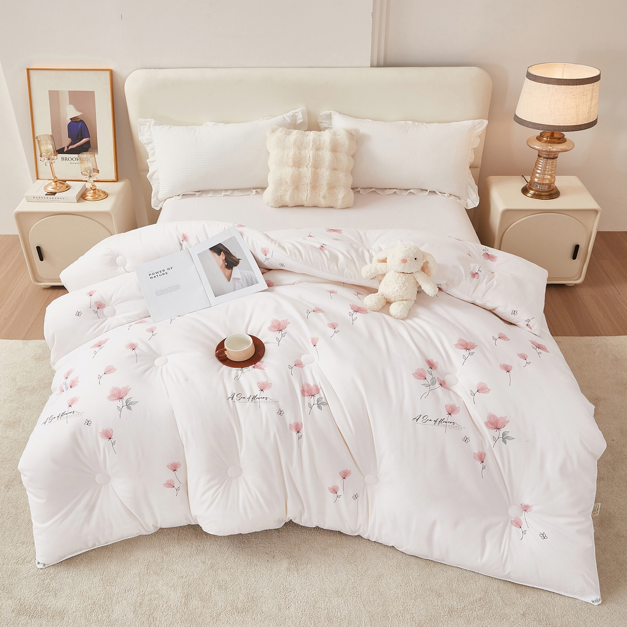 91家纺网 家纺一手货源 找家纺 尊妙被业 2025新款棉小柔大豆被被子被芯春秋被子母被直播批发夏被 虞美人-白色