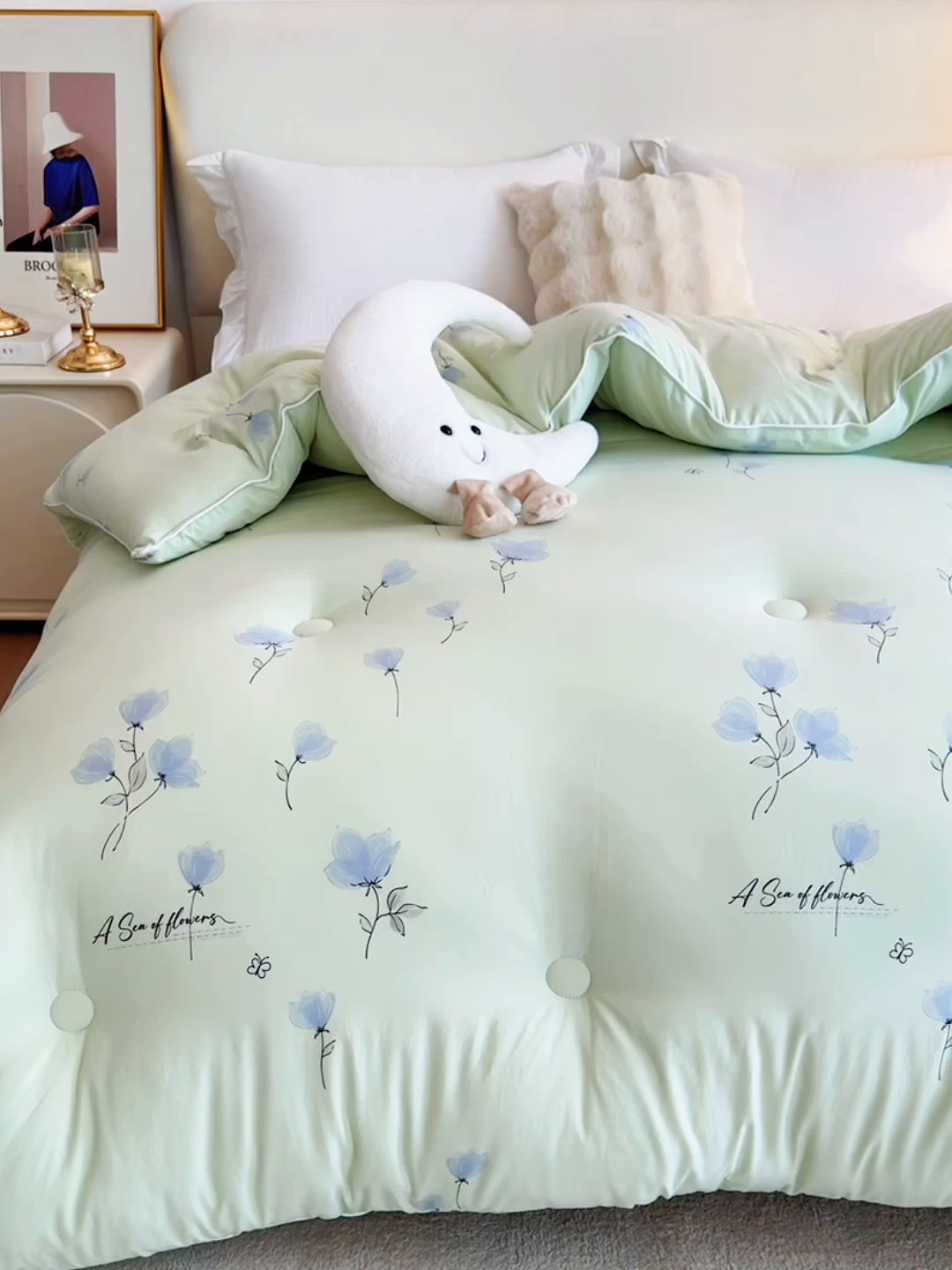 91家纺网 家纺一手货源 找家纺 尊妙被业 2025新款棉小柔大豆被被子被芯春秋被子母被直播批发夏被 虞美人-浅绿