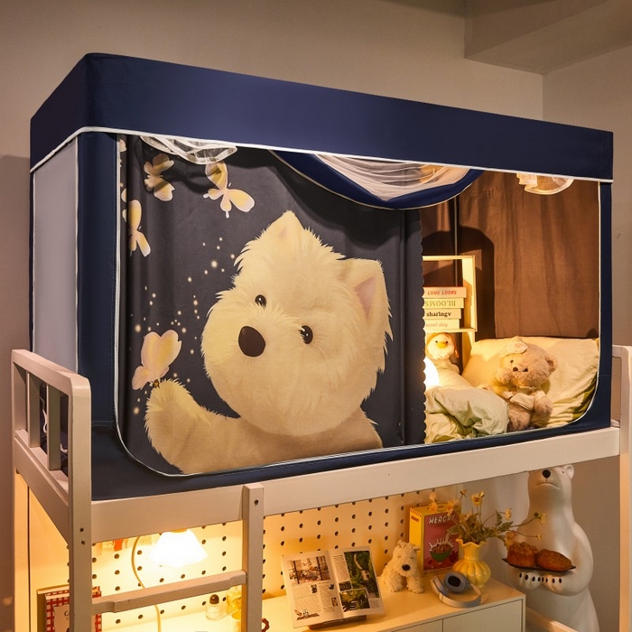 雪姿家纺 2025新款A类大版印花款物理强遮光纳米技术环保透气超强遮光防蚊学生坐床蚊帐 小狗追蝶