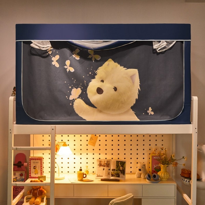 91家纺网 家纺一手货源 找家纺 雪姿家纺 2025新款A类大版印花款物理强遮光纳米技术环保透气超强遮光防蚊学生坐床蚊帐 小狗追蝶