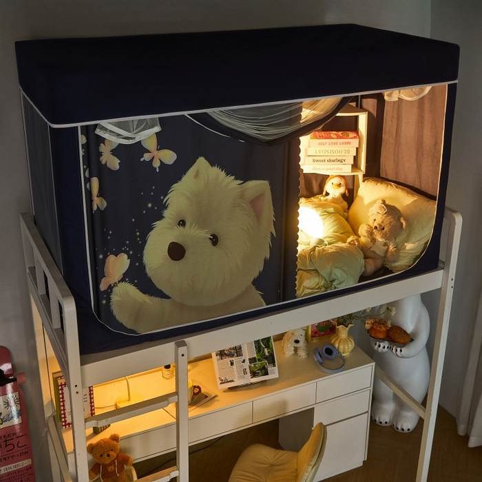 91家纺网 家纺一手货源 找家纺 雪姿家纺 2025新款A类大版印花款物理强遮光纳米技术环保透气超强遮光防蚊学生坐床蚊帐 小狗追蝶