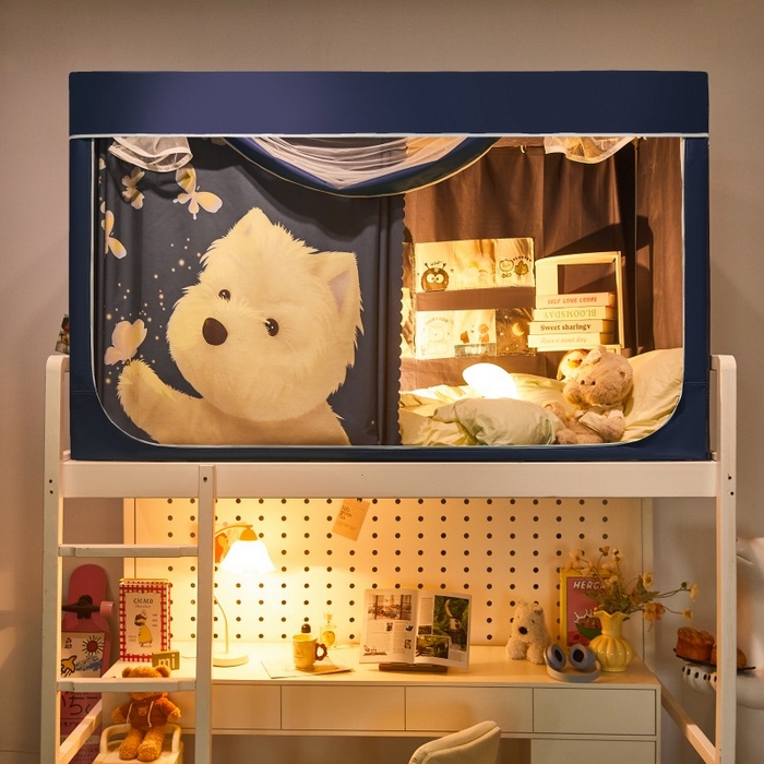 91家纺网 家纺一手货源 找家纺 雪姿家纺 2025新款A类大版印花款物理强遮光纳米技术环保透气超强遮光防蚊学生坐床蚊帐 小狗追蝶