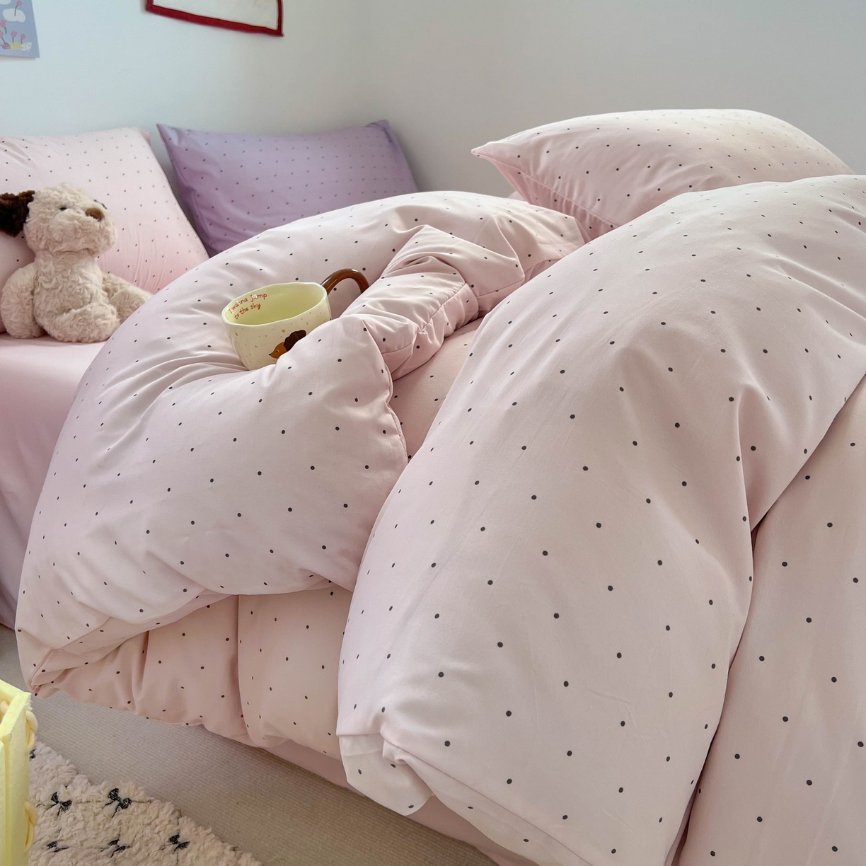 红嘴企鹅 2025新款云感提花双层纱印花系列四件套 波点粉