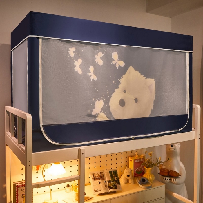 91家纺网 家纺一手货源 找家纺 雪姿家纺 2025新款A类大版印花款物理强遮光纳米技术环保透气超强遮光防蚊学生坐床蚊帐 小狗追蝶