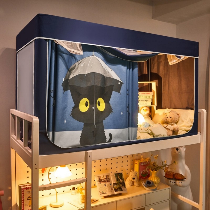 雪姿家纺 2025新款A类大版印花款物理强遮光纳米技术环保透气超强遮光防蚊学生坐床蚊帐 雨猫精灵