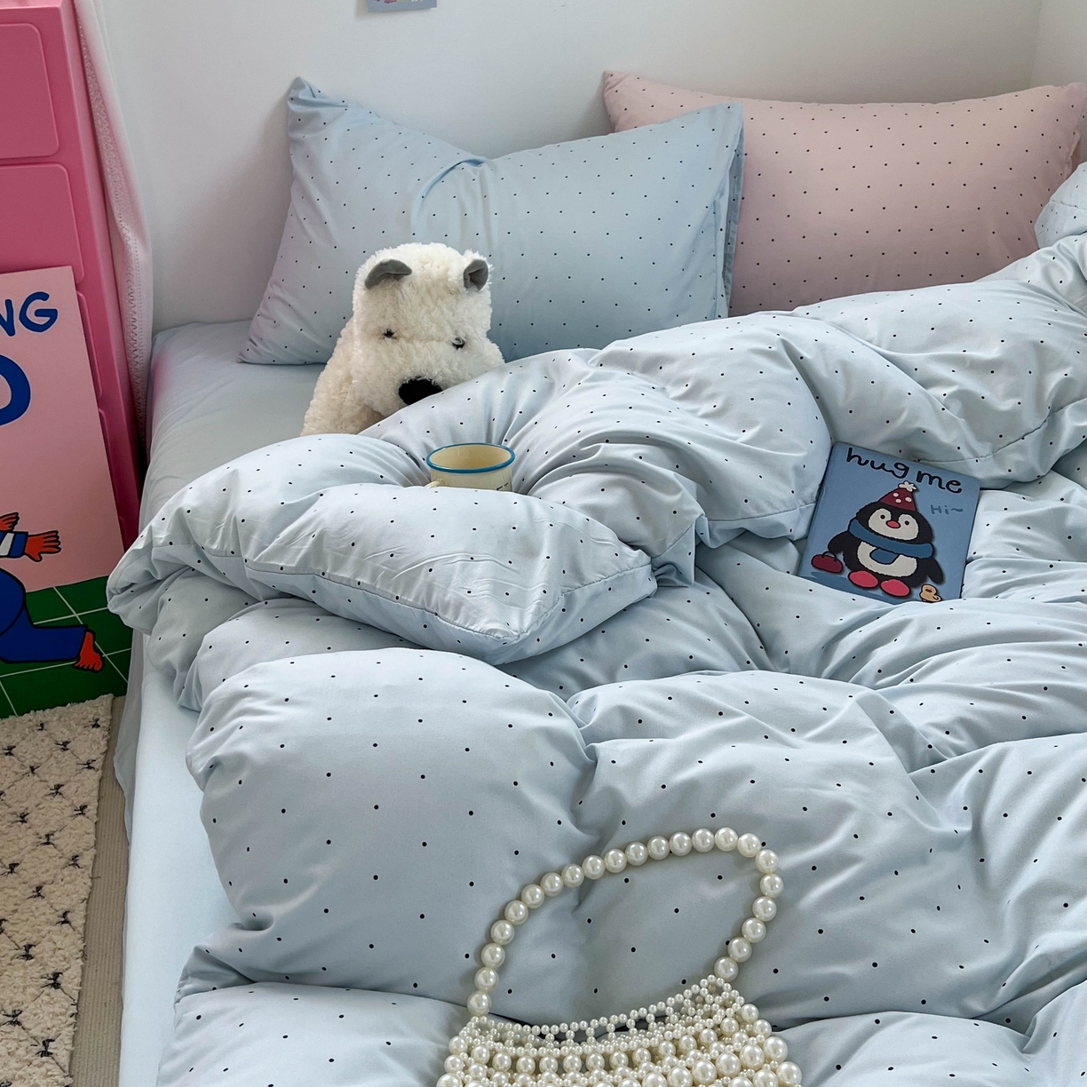 91家纺网 家纺一手货源 找家纺 红嘴企鹅 2025新款云感提花双层纱印花系列四件套 波点蓝