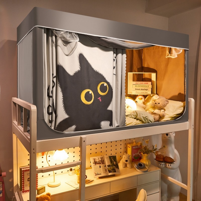 雪姿家纺 2025新款A类大版印花款物理强遮光纳米技术环保透气超强遮光防蚊学生坐床蚊帐 俏皮小黑