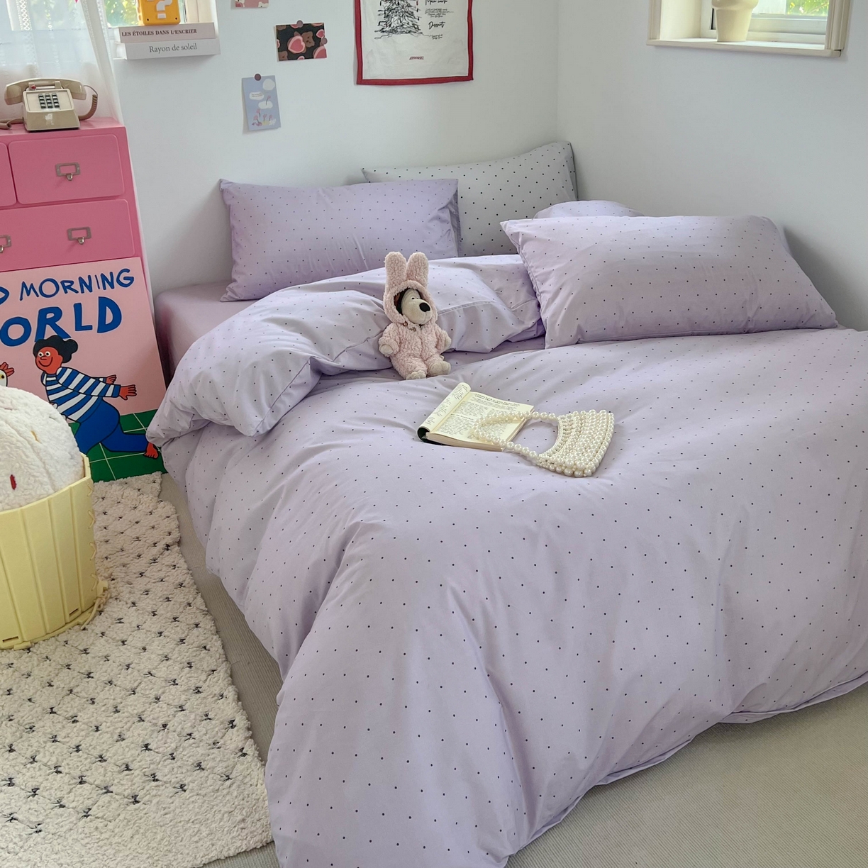 91家纺网 家纺一手货源 找家纺 红嘴企鹅 2025新款云感提花双层纱印花系列四件套 波点紫