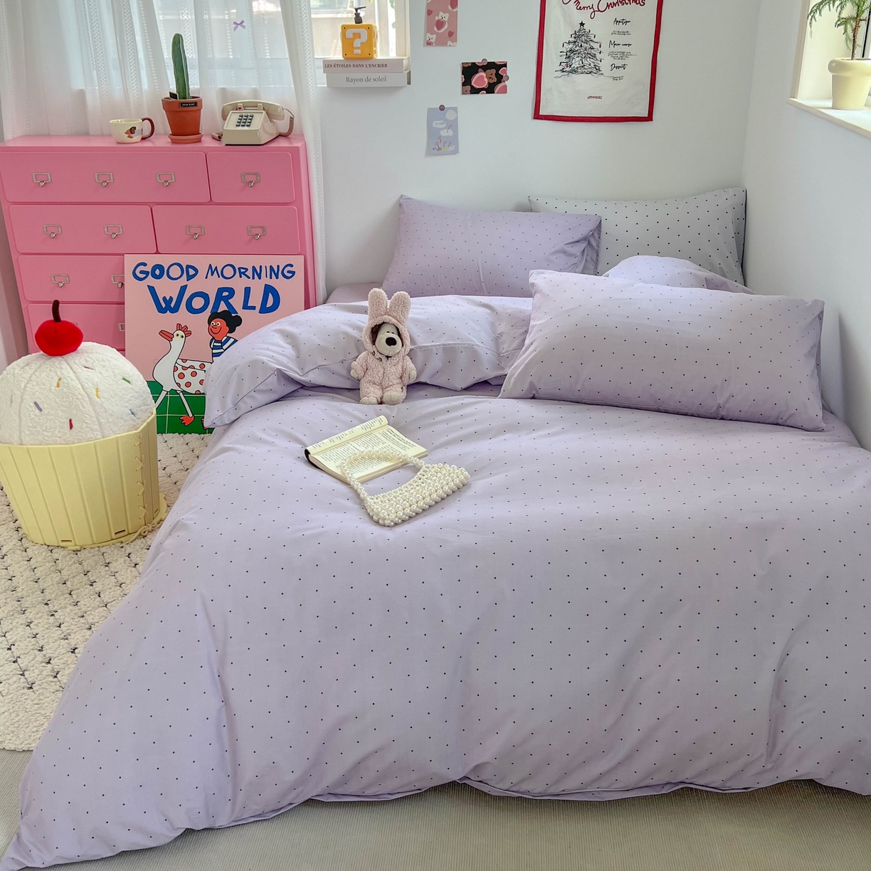 91家纺网 家纺一手货源 找家纺 红嘴企鹅 2025新款云感提花双层纱印花系列四件套 波点紫