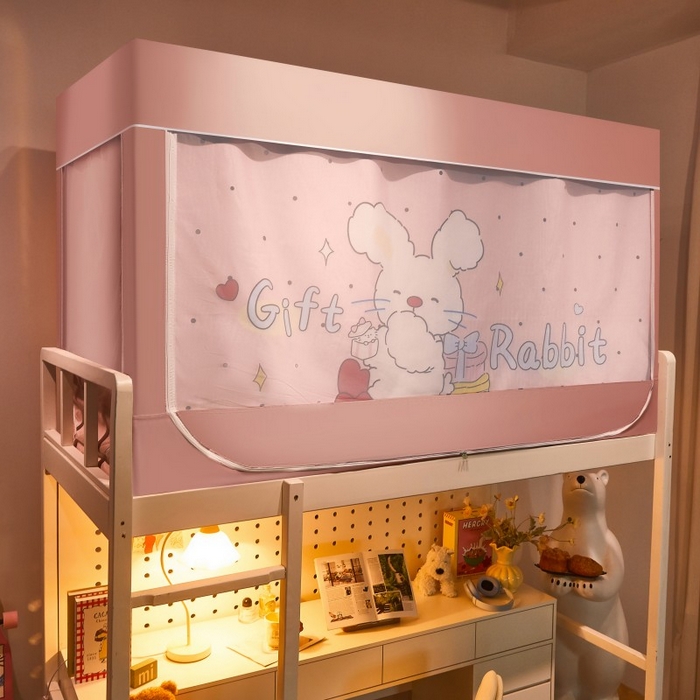 91家纺网 家纺一手货源 找家纺 雪姿家纺 2025新款A类大版印花款物理强遮光纳米技术环保透气超强遮光防蚊学生坐床蚊帐 甜心兔