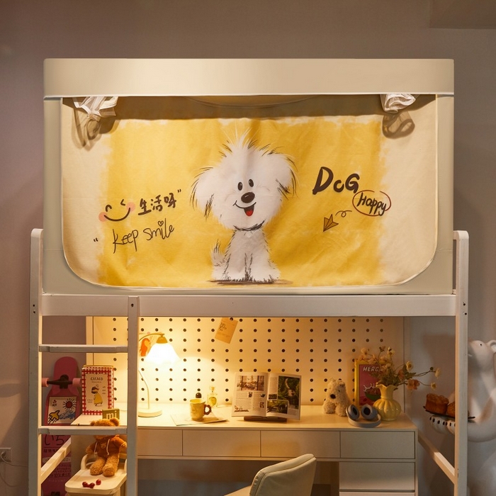 91家纺网 家纺一手货源 找家纺 雪姿家纺 2025新款A类大版印花款物理强遮光纳米技术环保透气超强遮光防蚊学生坐床蚊帐 快乐小汪