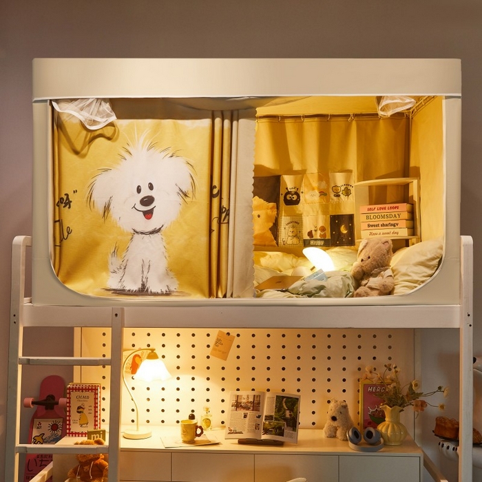 91家纺网 家纺一手货源 找家纺 雪姿家纺 2025新款A类大版印花款物理强遮光纳米技术环保透气超强遮光防蚊学生坐床蚊帐 快乐小汪