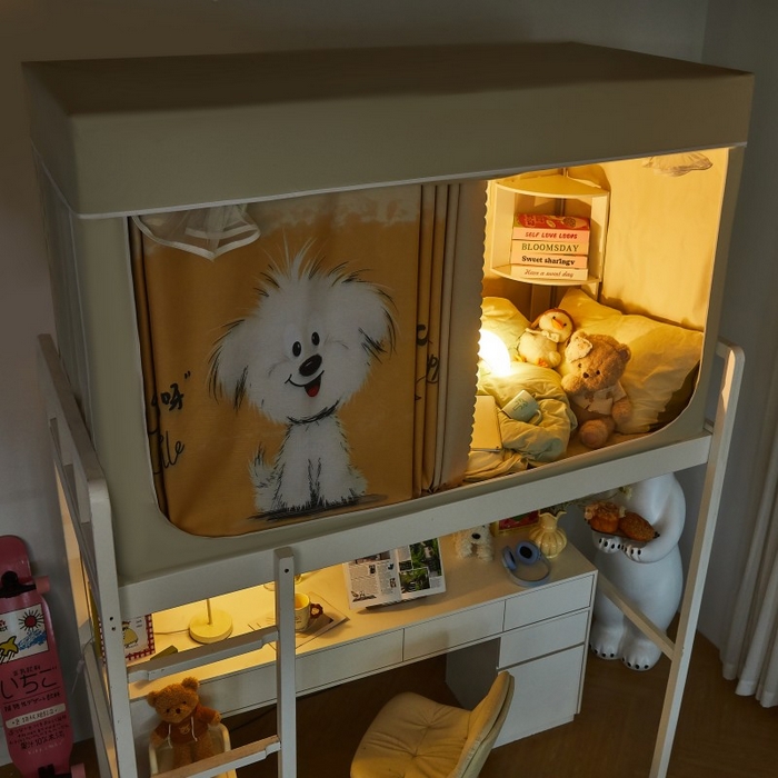 91家纺网 家纺一手货源 找家纺 雪姿家纺 2025新款A类大版印花款物理强遮光纳米技术环保透气超强遮光防蚊学生坐床蚊帐 快乐小汪