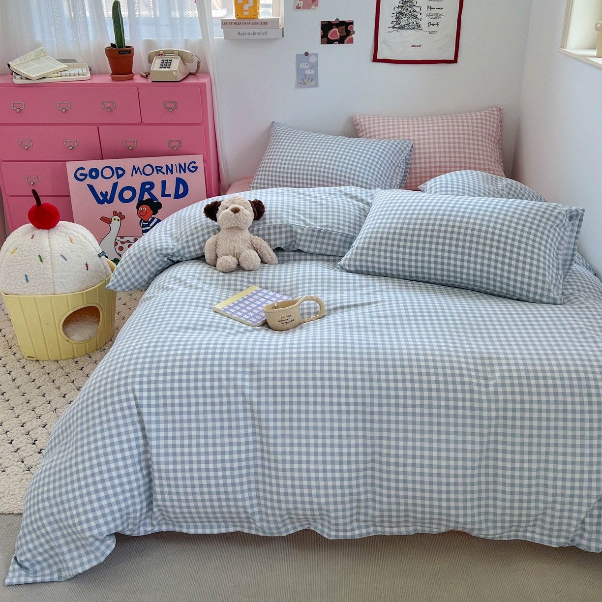 91家纺网 家纺一手货源 找家纺 红嘴企鹅 2025新款云感提花双层纱印花系列四件套 蓝格