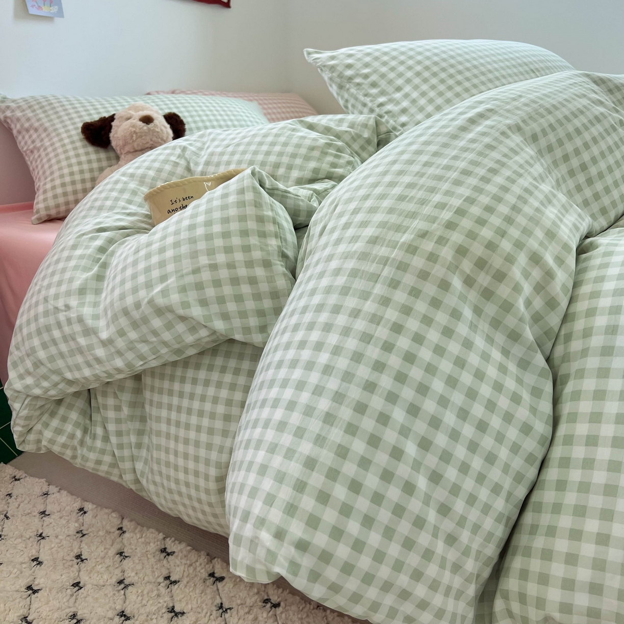 红嘴企鹅 2025新款云感提花双层纱印花系列四件套 绿格