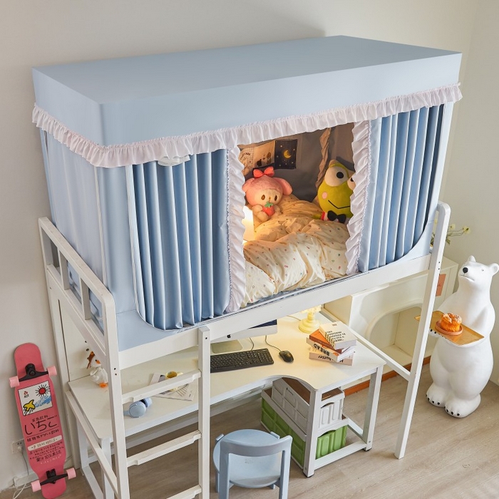 91家纺网 家纺一手货源 找家纺 雪姿家纺 2025新款A类纯色花边款物理强遮光纳米技术环保透气超强遮光防蚊学生坐床蚊帐 纯色花边款-淡兰色