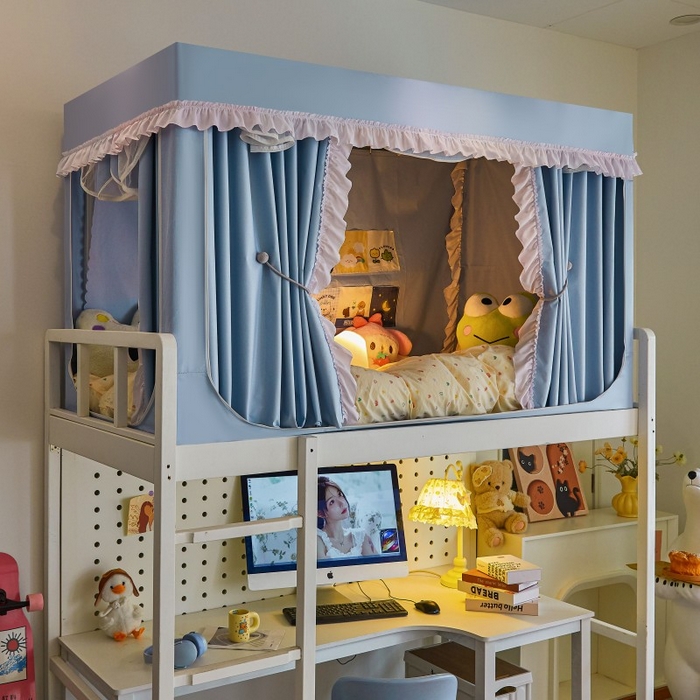 91家纺网 家纺一手货源 找家纺 雪姿家纺 2025新款A类纯色花边款物理强遮光纳米技术环保透气超强遮光防蚊学生坐床蚊帐 纯色花边款-淡兰色