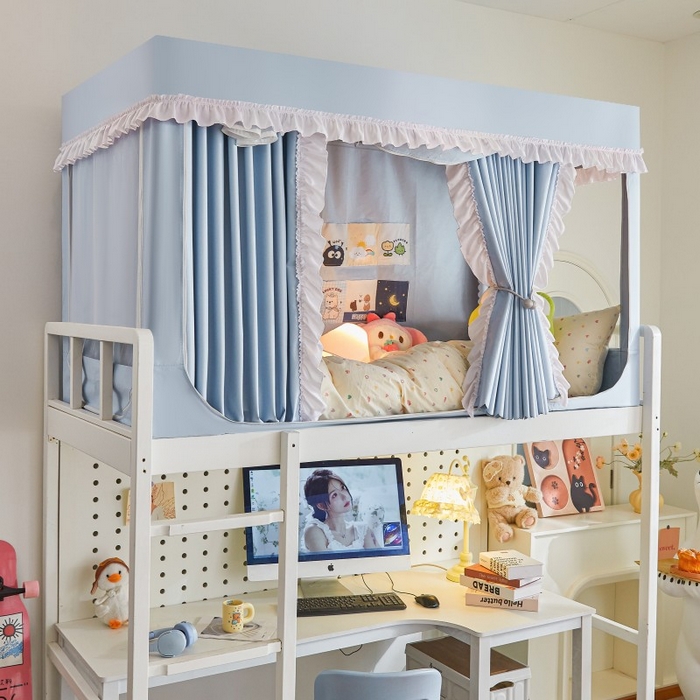 91家纺网 家纺一手货源 找家纺 雪姿家纺 2025新款A类纯色花边款物理强遮光纳米技术环保透气超强遮光防蚊学生坐床蚊帐 纯色花边款-淡兰色