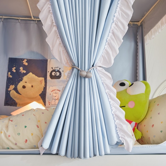 91家纺网 家纺一手货源 找家纺 雪姿家纺 2025新款A类纯色花边款物理强遮光纳米技术环保透气超强遮光防蚊学生坐床蚊帐 纯色花边款-淡兰色