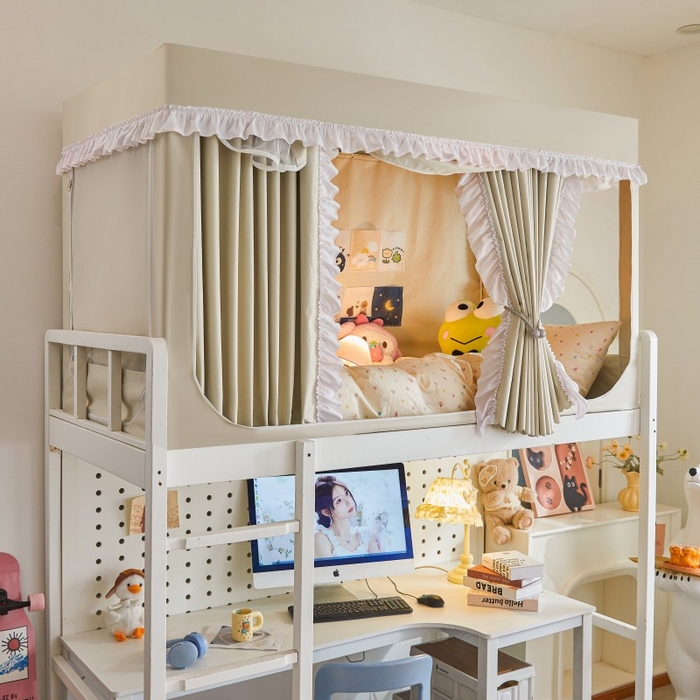 91家纺网 家纺一手货源 找家纺 雪姿家纺 2025新款A类纯色花边款物理强遮光纳米技术环保透气超强遮光防蚊学生坐床蚊帐 纯色花边款-卡其色