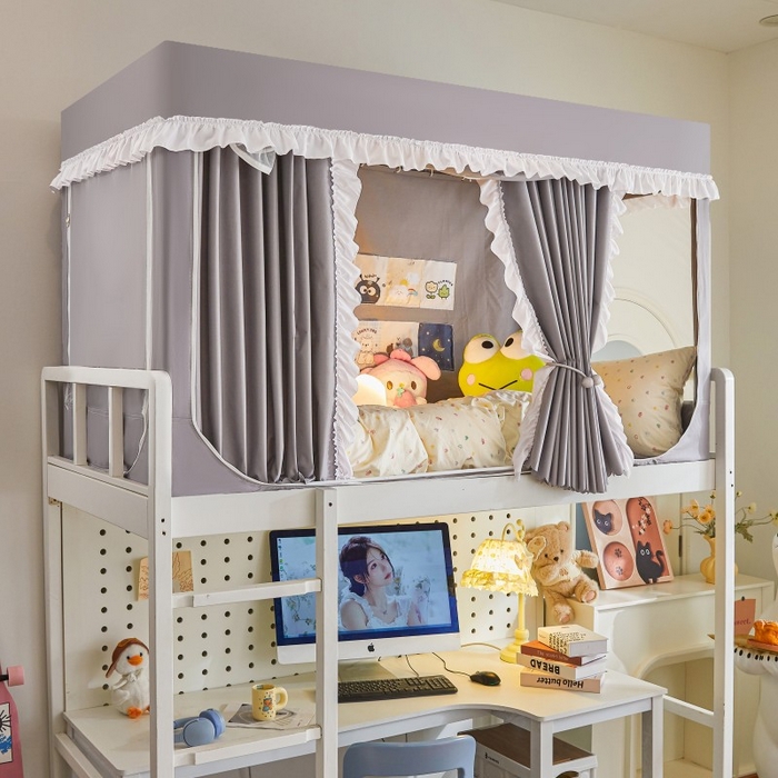 91家纺网 家纺一手货源 找家纺 雪姿家纺 2025新款A类纯色花边款物理强遮光纳米技术环保透气超强遮光防蚊学生坐床蚊帐 纯色花边款-时尚灰