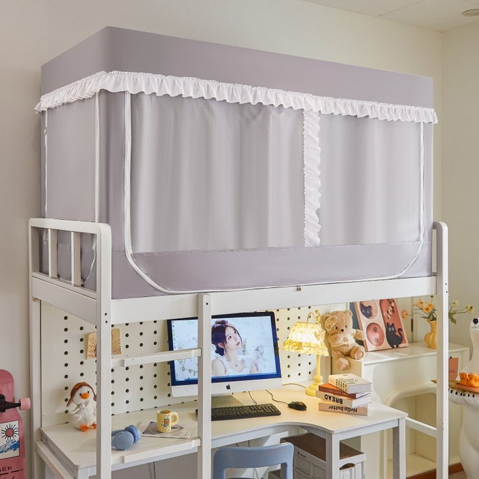 91家纺网 家纺一手货源 找家纺 雪姿家纺 2025新款A类纯色花边款物理强遮光纳米技术环保透气超强遮光防蚊学生坐床蚊帐 纯色花边款-时尚灰