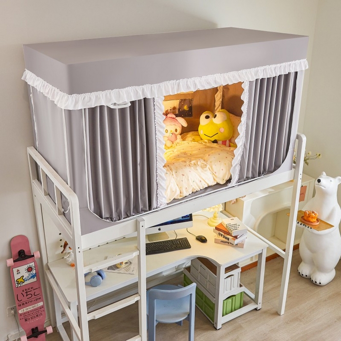 91家纺网 家纺一手货源 找家纺 雪姿家纺 2025新款A类纯色花边款物理强遮光纳米技术环保透气超强遮光防蚊学生坐床蚊帐 纯色花边款-时尚灰