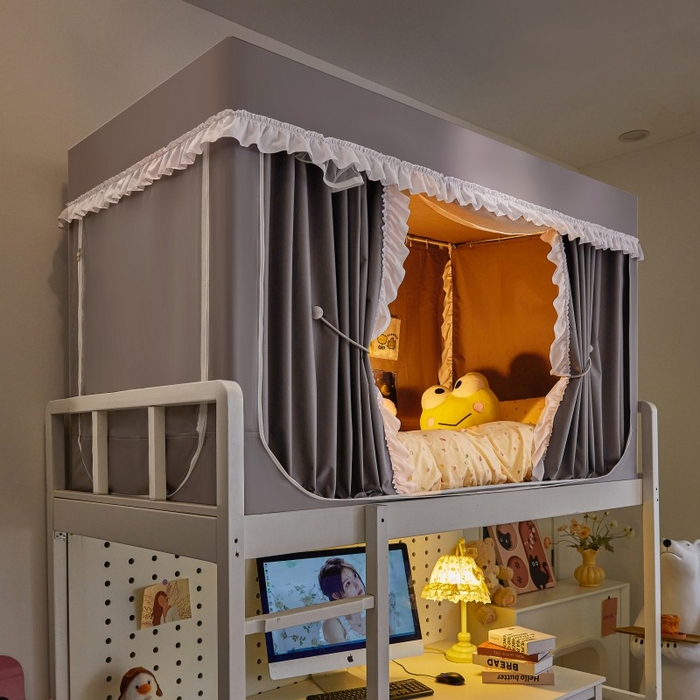 91家纺网 家纺一手货源 找家纺 雪姿家纺 2025新款A类纯色花边款物理强遮光纳米技术环保透气超强遮光防蚊学生坐床蚊帐 纯色花边款-时尚灰