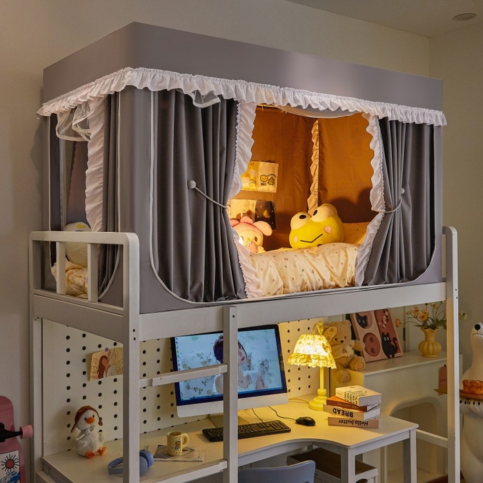 91家纺网 家纺一手货源 找家纺 雪姿家纺 2025新款A类纯色花边款物理强遮光纳米技术环保透气超强遮光防蚊学生坐床蚊帐 纯色花边款-时尚灰