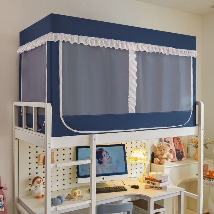 91家纺网 家纺一手货源 找家纺 雪姿家纺 2025新款A类纯色花边款物理强遮光纳米技术环保透气超强遮光防蚊学生坐床蚊帐 纯色花边款-宝石蓝