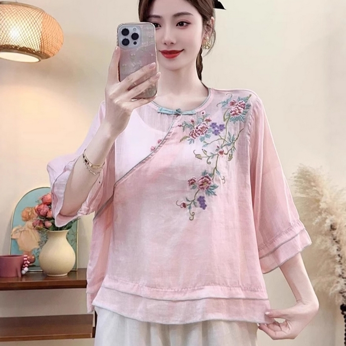 （总）洛兰沙家居馆【只代发】【只代发】 2025新款中国风绣花苎麻衬衫女夏季斜襟盘扣立领唐装小衫气质棉麻套头上衣