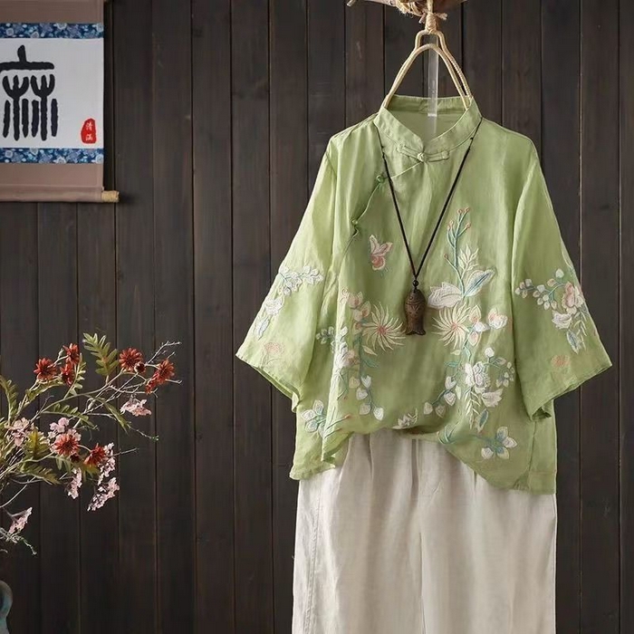 91家纺网 家纺一手货源 找家纺 （总）洛兰沙家居馆【只代发】【只代发】 2025新款中国风绣花苎麻衬衫女夏季斜襟盘扣立领唐装小衫气质棉麻套头上衣