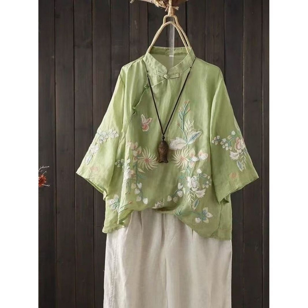 91家纺网 家纺一手货源 找家纺 （总）洛兰沙家居馆【只代发】【只代发】 2025新款中国风绣花苎麻衬衫女夏季斜襟盘扣立领唐装小衫气质棉麻套头上衣