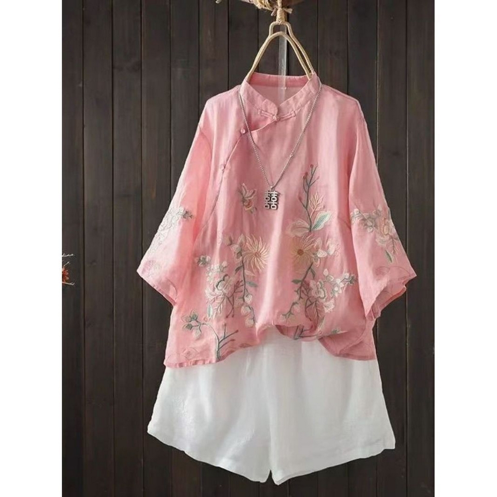 91家纺网 家纺一手货源 找家纺 （总）洛兰沙家居馆【只代发】【只代发】 2025新款中国风绣花苎麻衬衫女夏季斜襟盘扣立领唐装小衫气质棉麻套头上衣