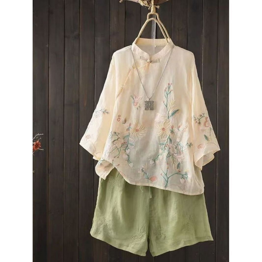 91家纺网 家纺一手货源 找家纺 （总）洛兰沙家居馆【只代发】【只代发】 2025新款中国风绣花苎麻衬衫女夏季斜襟盘扣立领唐装小衫气质棉麻套头上衣