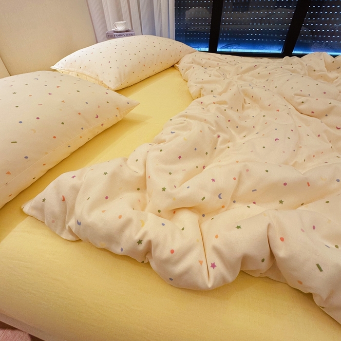 91家纺网 家纺一手货源 找家纺 8+8 2025新款全棉A类母婴级抗菌有氧全棉双层纱亲肤全棉小清新印花三件套四件套 简约款-蜡笔画