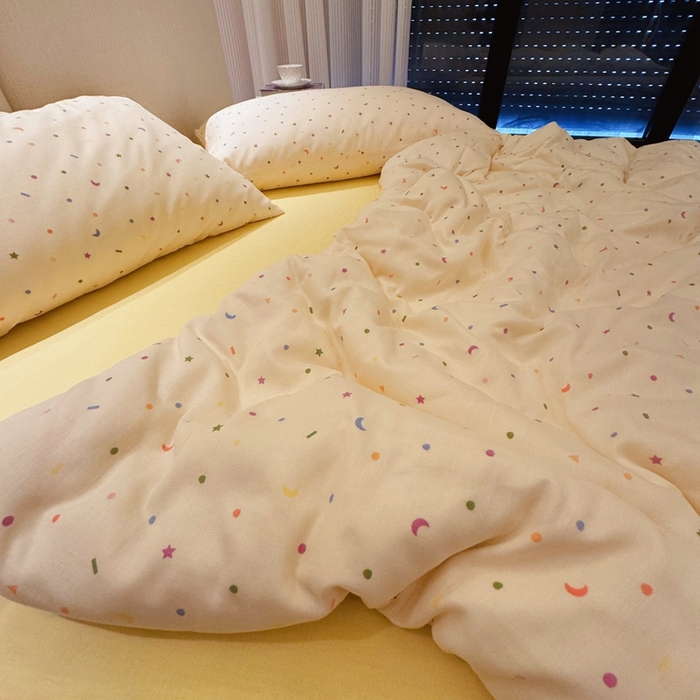 91家纺网 家纺一手货源 找家纺 8+8 2025新款全棉A类母婴级抗菌有氧全棉双层纱亲肤全棉小清新印花三件套四件套 简约款-蜡笔画