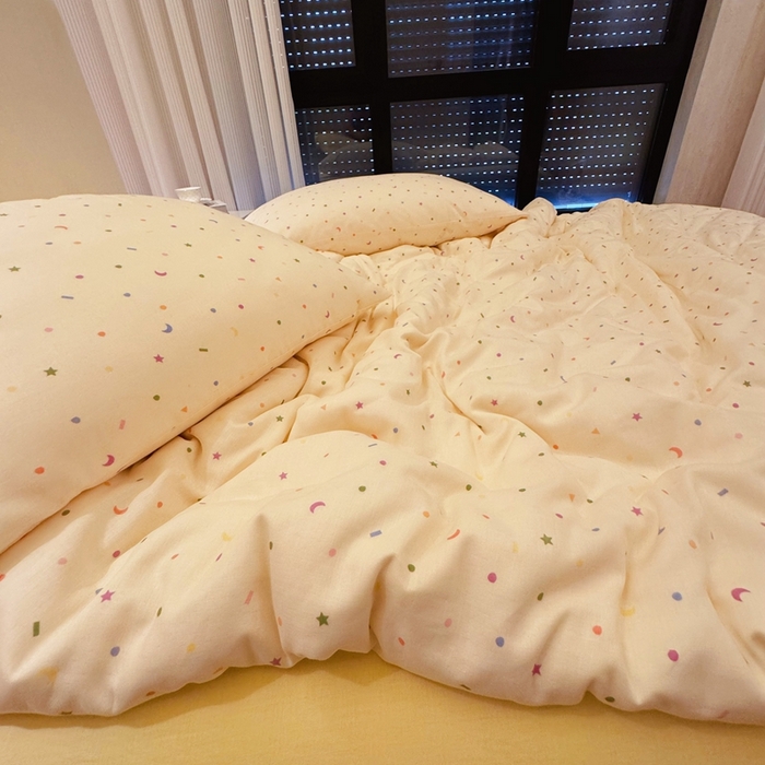 91家纺网 家纺一手货源 找家纺 8+8 2025新款全棉A类母婴级抗菌有氧全棉双层纱亲肤全棉小清新印花三件套四件套 简约款-蜡笔画