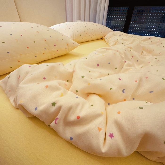 91家纺网 家纺一手货源 找家纺 8+8 2025新款全棉A类母婴级抗菌有氧全棉双层纱亲肤全棉小清新印花三件套四件套 简约款-蜡笔画